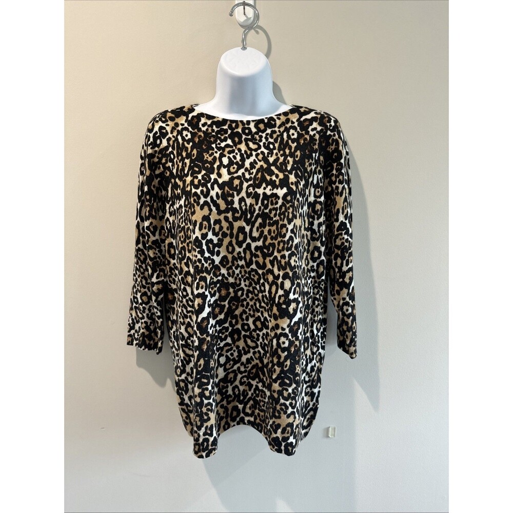 Talbots Women’s 1X 100% Merino Wool Sweater Leopard Print 3/4 Sleeve Pullover